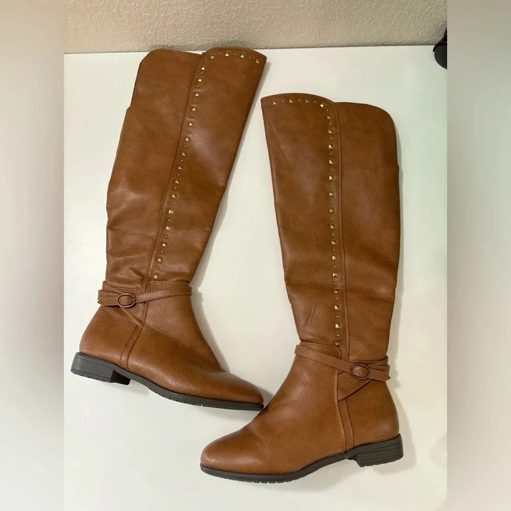 NWOT Rialto Ferrell Cognac Knee High Studded Riding Boots
